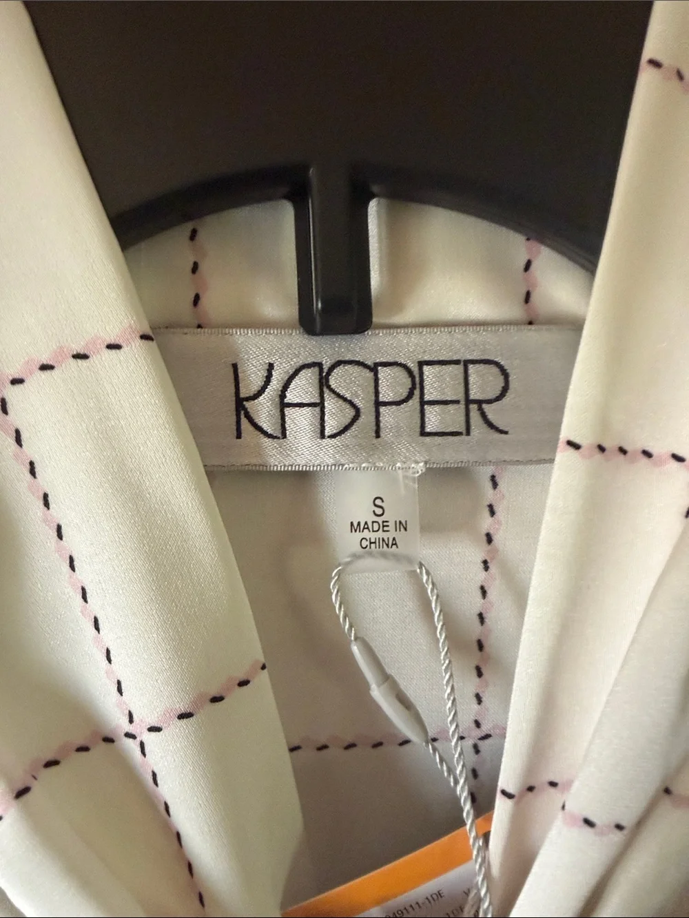 Kasper Cream Blouse with Burgundy Windowpane Pattern and Tie-Neck